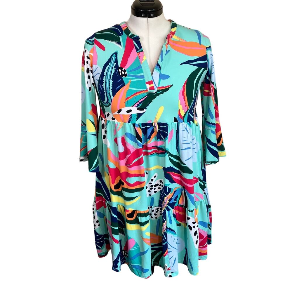 Mary Square Sz M Laguna Dress in Tropical Floral Print Tiered Babydoll Mini - Picture 7 of 16